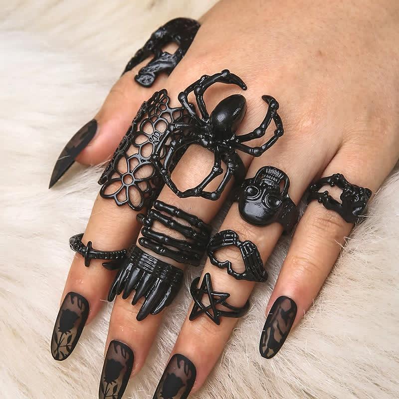 10 Pack Gothic Adjustable Skull Spider Pattern Design Rings  |   Jewelry Accessories Black