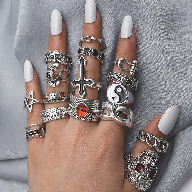 16 Pack Gothic Skull Cross Pattern Design Rings  |   Jewelry Accessories Jewelry