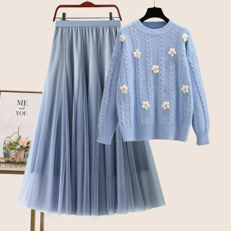 3D Blossom Decor Sweater Tulle Skirt  |   Sweater Clothing Black Skirt