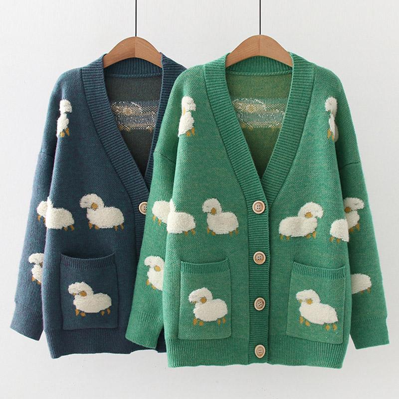 3D Cartoon Sheep Decor V-Neck Knit Cardigan Sweater  |   Sweater Clothing Blue