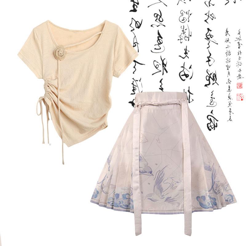 3D Flower Irregular T-Shirt High Waist Pleated Skirt  |   Skirts Clothing Set A