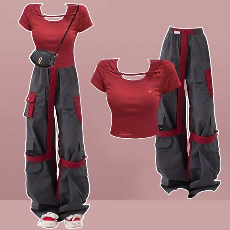 3D Heart T-Shirt Strap Decoration Cargo Pants Two Pieces  |   T-Shirts Clothing Pants