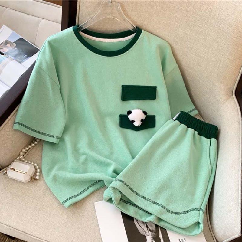 3D Panda Decor Summer T-Shirt Shorts Set  |   T-Shirts Clothing Green