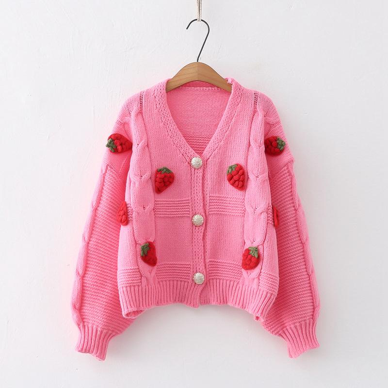 3D Strawberry Decor V-Neck Knit Cardigan Sweater  |   Sweater Clothing Blue