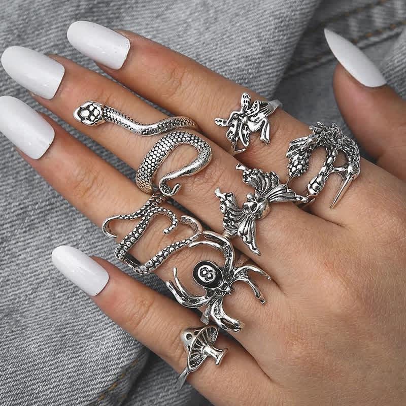 7 Pack Gothic Skull Animals Pattern Design Rings  |   Jewelry Accessories Jewelry