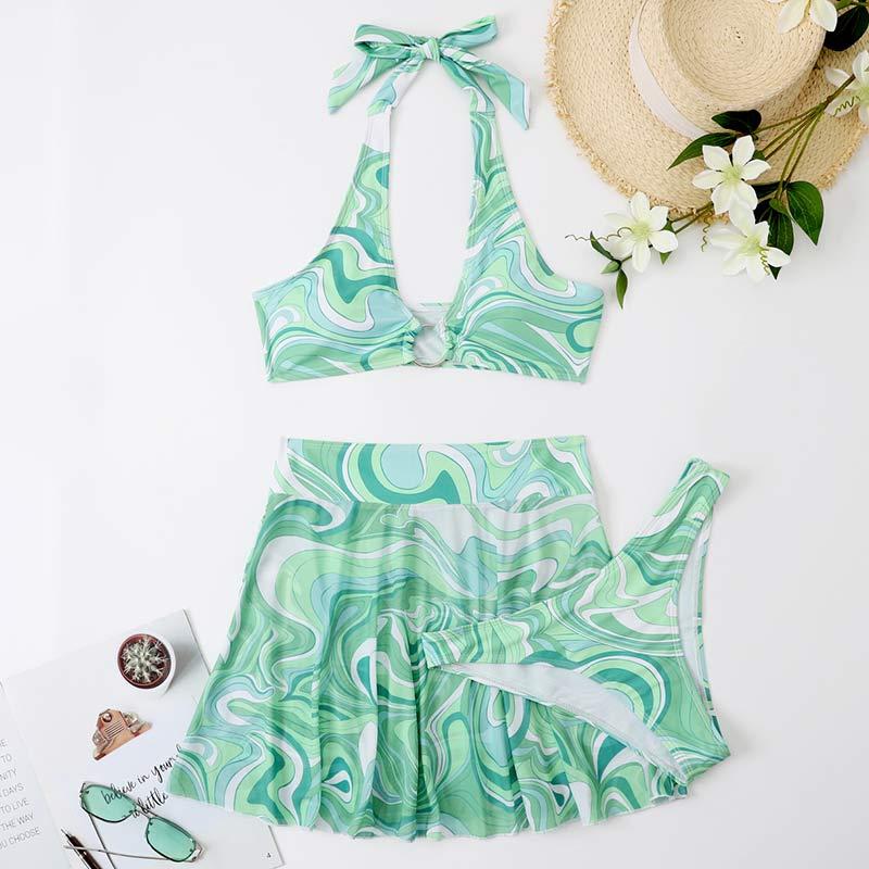 Abstract Stripe Print Bikini Three Pieces Swimsuit  |   Swimwear Clothing Green