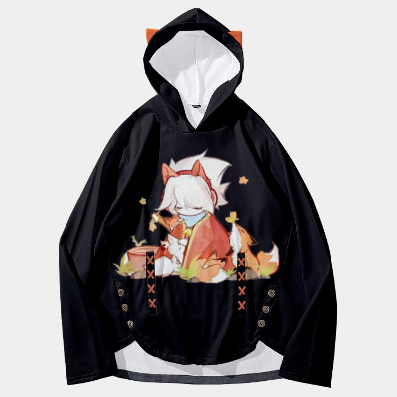 Anime Print Fox Ears Loose Hoodie  |   Sweatshirts & Hoodies Clothing Black