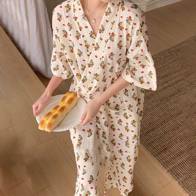 Apple Bear Print Lace-Up Kimono Pajamas Dress  |   Pajamas Clothing Apricot