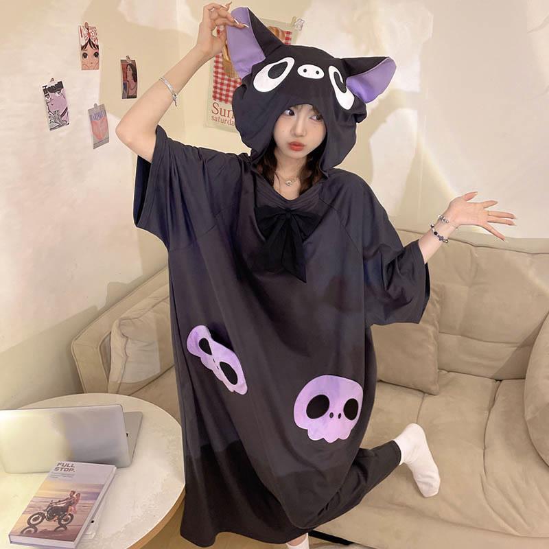 Bat Skull Oversized Loose Hooded Pajamas Dress  |   Pajamas Clothing Pajamas