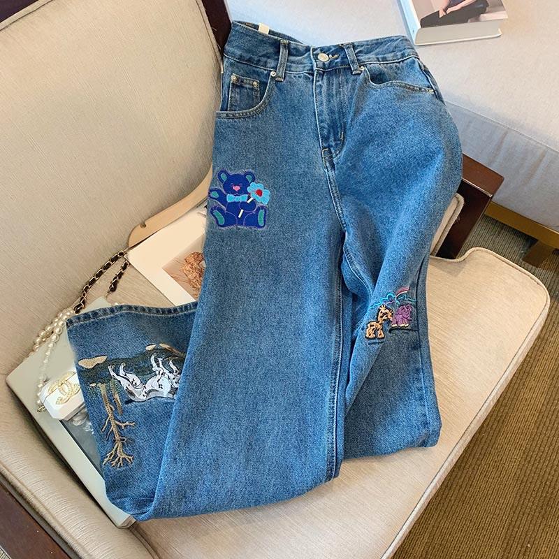 Bear And Dogs Embroidery Washed Casual Straight Leg Pants  |   Pants Clothing Blue