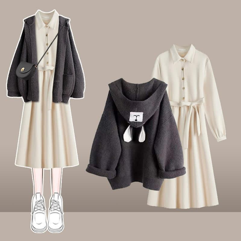 Bear Ears Hooded Cardigan Sweater Belted Lapel A-Line Dress  |   Outerwear Clothing Apricot Dress