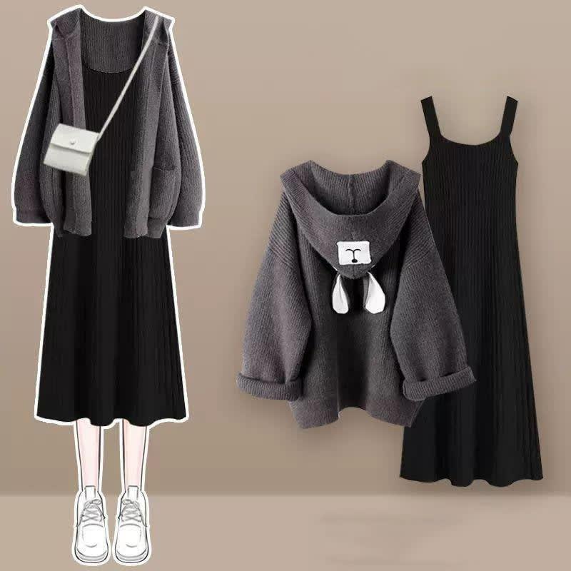 Bear Ears Hooded Cardigan Sweater Slip Dress Two Pieces Set  |   Sweater Clothing Dresses