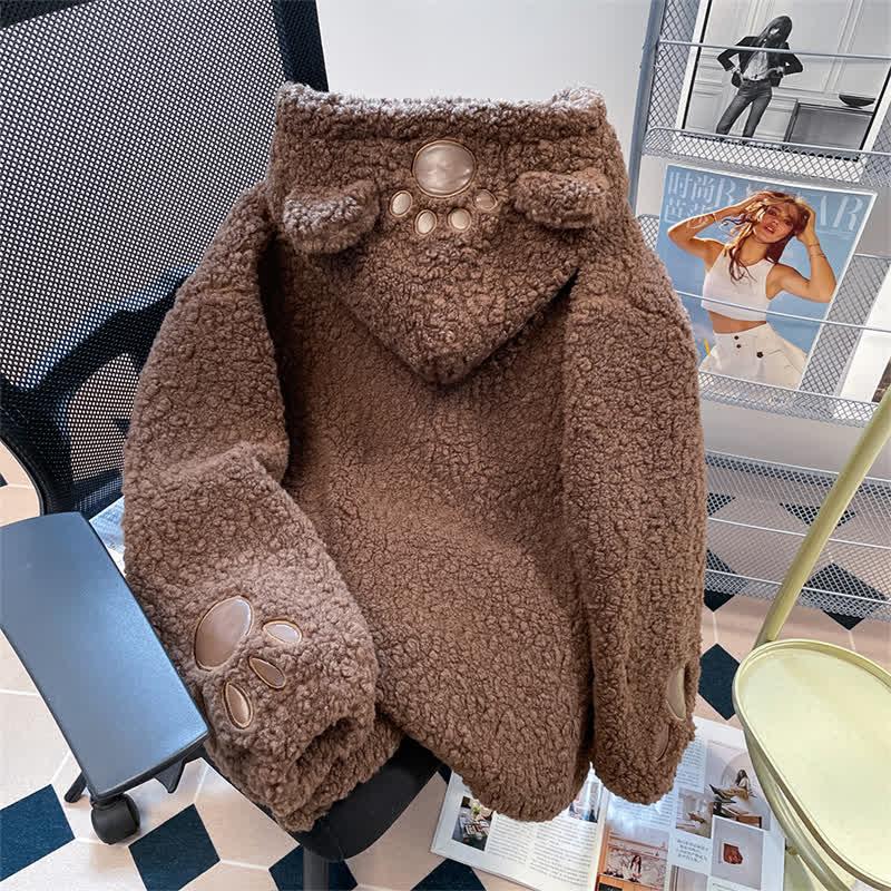 Bear Ears Zip Fleece Hooded Coat Outwear  |   Outerwear Clothing Brown