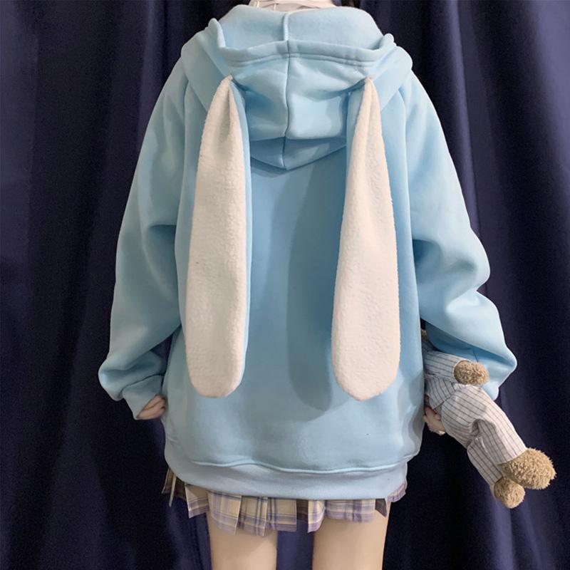 Bear Embroidered Bunny Ears Hooded Sweatshirt  |   Outerwear Clothing Blue