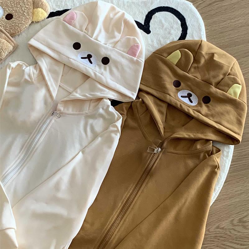 Bear Embroidery Loose Zipper Hooded Sweatshirt  |   Sweatshirts & Hoodies Clothing Apricot Long Sleeve