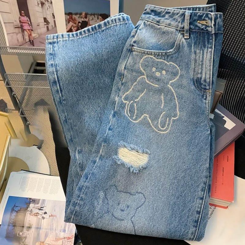 Bear Embroidery Washed Casual Ripped Jeans  |   Pants Clothing Blue