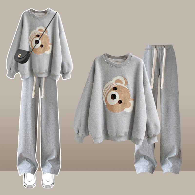 Bear Embroidry Round Collar Sweatshirt Draw String Casual Pants  |   Sweatshirts & Hoodies Clothing Pants