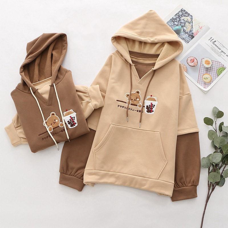 Bear Milk Tea Letter Embroidery Hooded Sweatshirt  |   Sweatshirts & Hoodies Clothing Dark Khaki