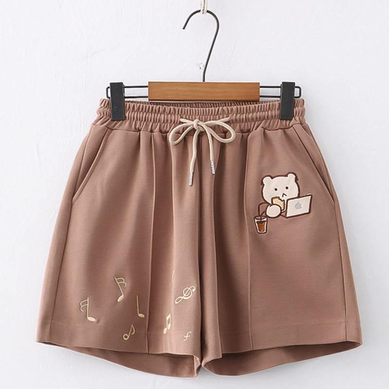 Bear Note Embroidery Pocket Drawstring Shorts  |   Shorts Clothing Apricot