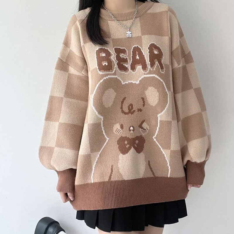 Bear Plaid Letter Print Knitted Casual Sweater  |   Sweater Clothing Khaki