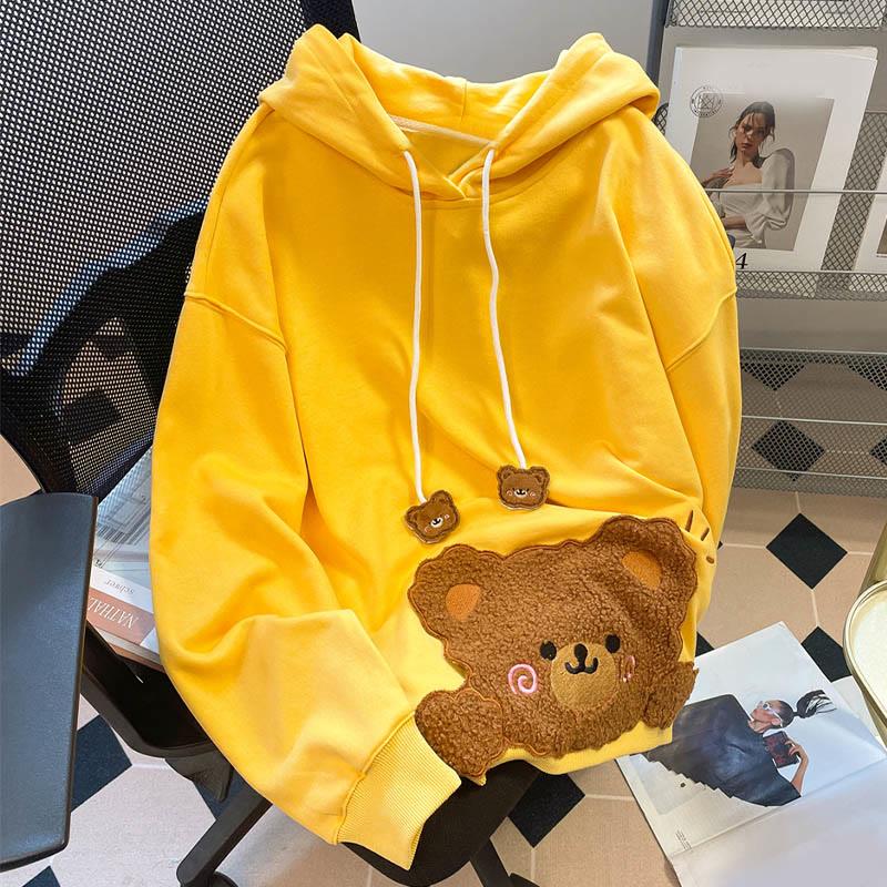 Bear Plush Embroidery Loose Hooded Sweatshirt  |   Sweatshirts & Hoodies Clothing Sweatshirts & Hoodies