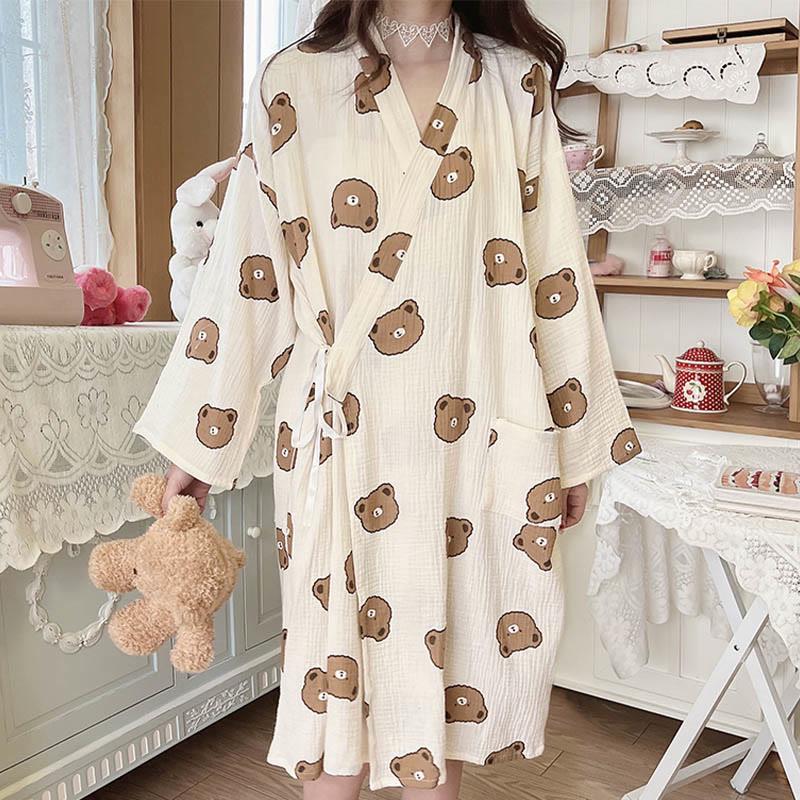 Bear Print Lace-Up Kimono Pajamas Dress  |   Pajamas Clothing Apricot