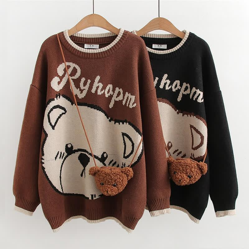 Bear Print Round Collar Sweater With Crossbody Bag  |   Sweater Clothing Black