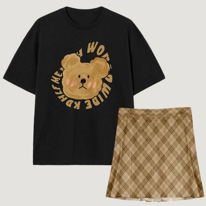 Bear Print Short Sleeve T-Shirt Skirt Suit  |   Skirts Clothing Set