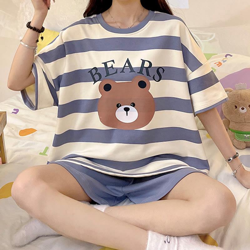 Bear Stripe Print Casual Summer Pajamas Two Piece Set  |   Pajamas Clothing Blue