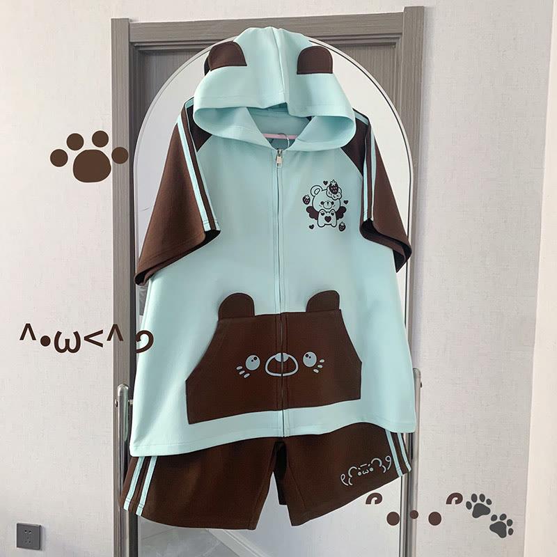 Bear Zipper Hooded Sweatshirt Shorts Two Pieces  |   Shorts Clothing Green