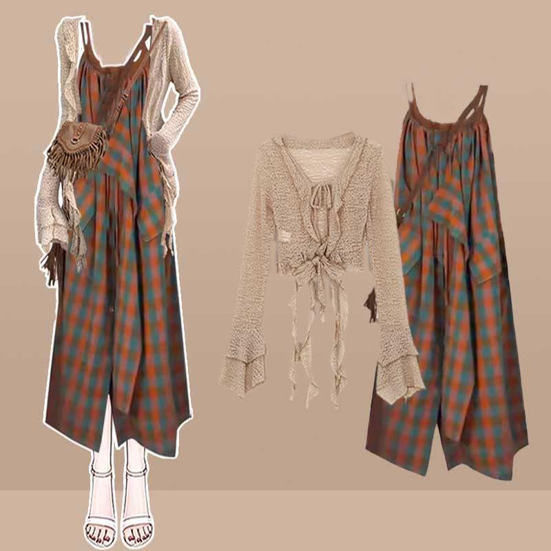 Bell Sleeves Lace-Up Coverup Plaid Print Dress Two Pieces  |   Dresses Clothing Coverup