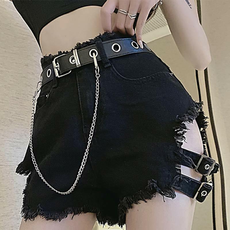 Belted High Waist Chain Denim Shorts  |   Shorts Clothing Black