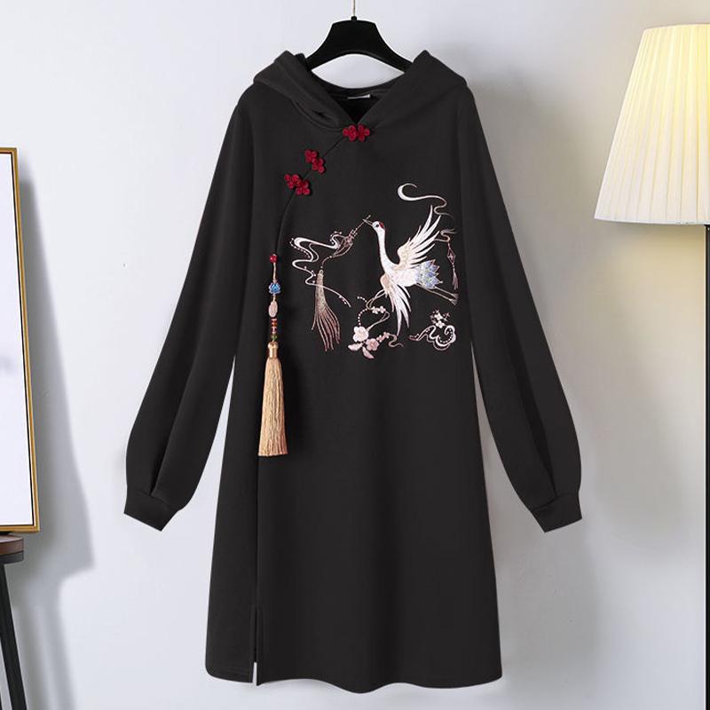 Bird Embroidery Print Fringed Vintage Sweatshirt Dress  |   Sweatshirts & Hoodies Clothing Black