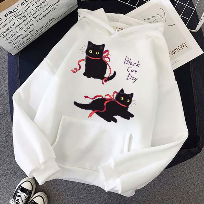 Black Cat Letter Print Plush Hoodie  |   Sweatshirts & Hoodies Clothing Sweatshirts & Hoodies