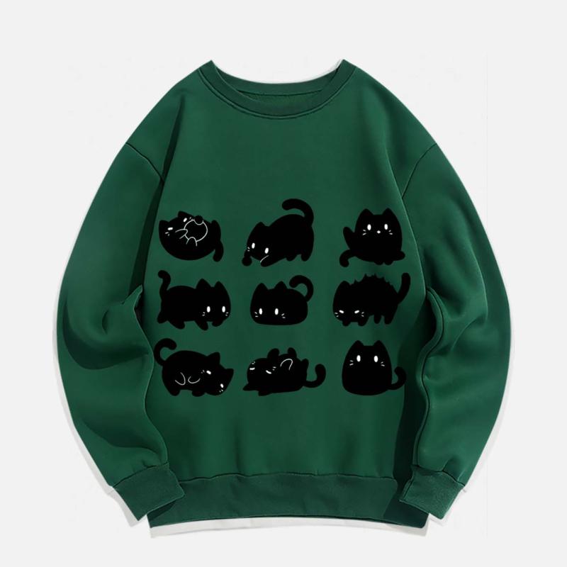 Black Kitty Print Round Collar Plush Sweatshirt  |   Sweatshirts & Hoodies Clothing Green