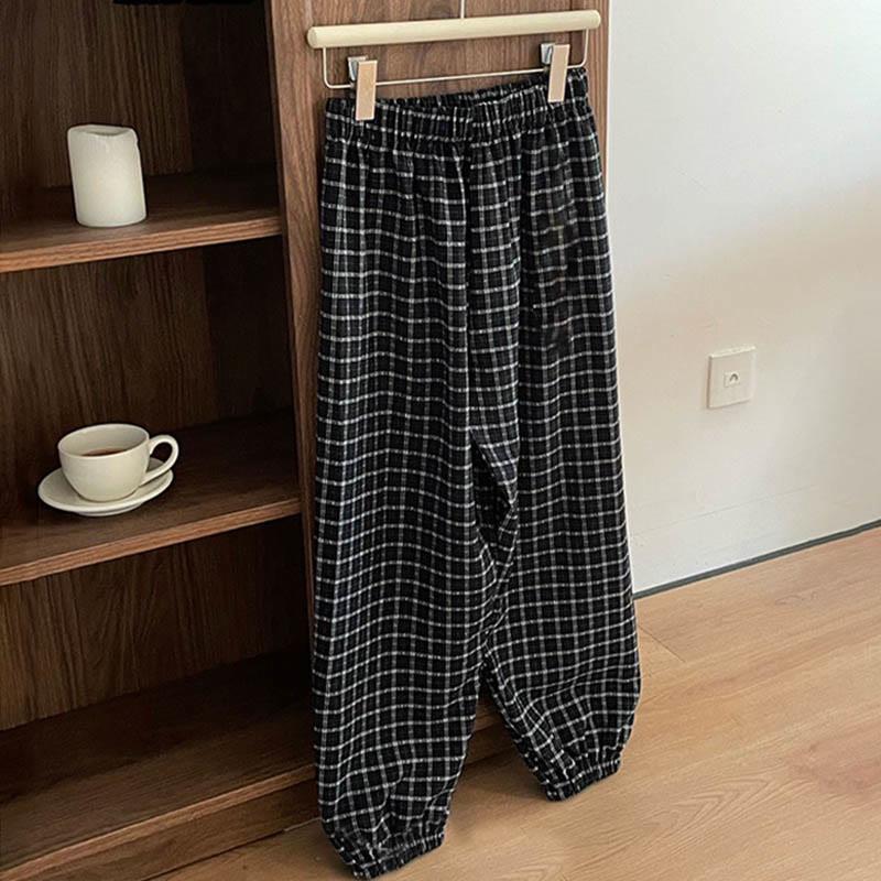 Black Plaid Print High Waist Print Casual Loose Elastic Pants  |   Pants Clothing Black