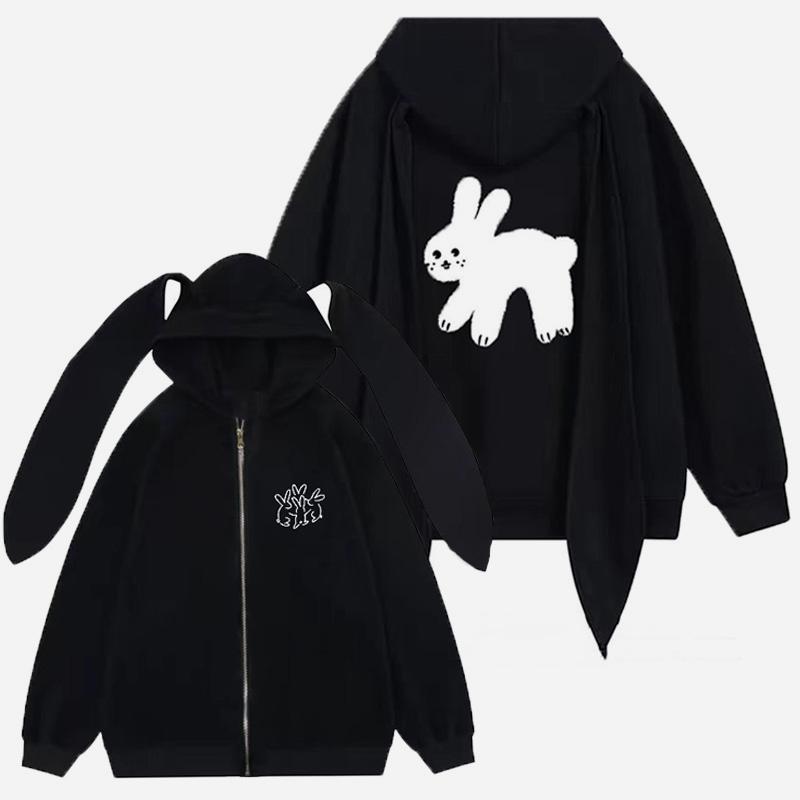 Black Rabbits Long Sleeve Zipper Sweatshirt Oversized  |   Sweatshirts & Hoodies Clothing Black