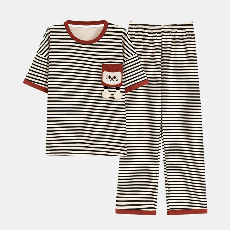 Black Stripe Print T-Shirt Pants Pajamas Two Piece Set  |   Pants Clothing Black