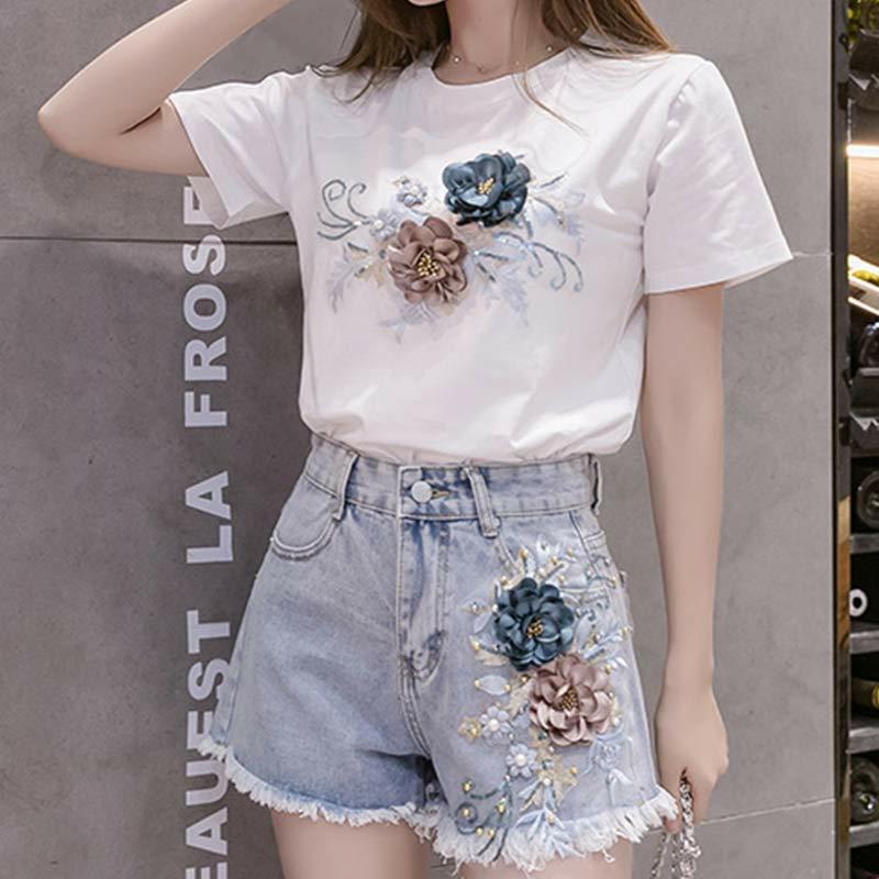 Blossom Embroidery Casual T-Shirt Denim Shorts Set  |   T-Shirts Clothing Set