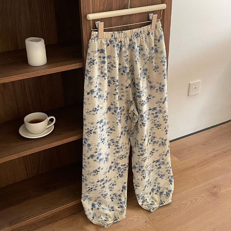 Blossom Print High Waist Print Casual Loose Elastic Pants  |   Pants Clothing Beige