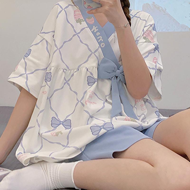 Blue Bow-Knot Print T-Shirt Shorts Pajamas Set  |   Pajamas Clothing Blue