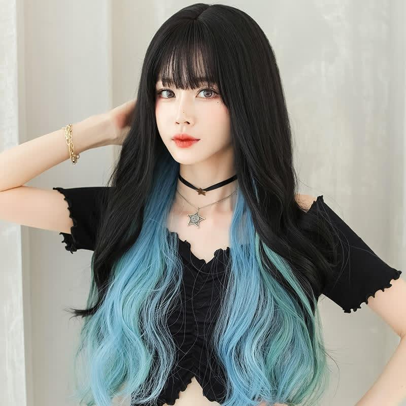 Blue Highlights Long Curly Wig With Neat Bangs  |   Wigs Accessories Black