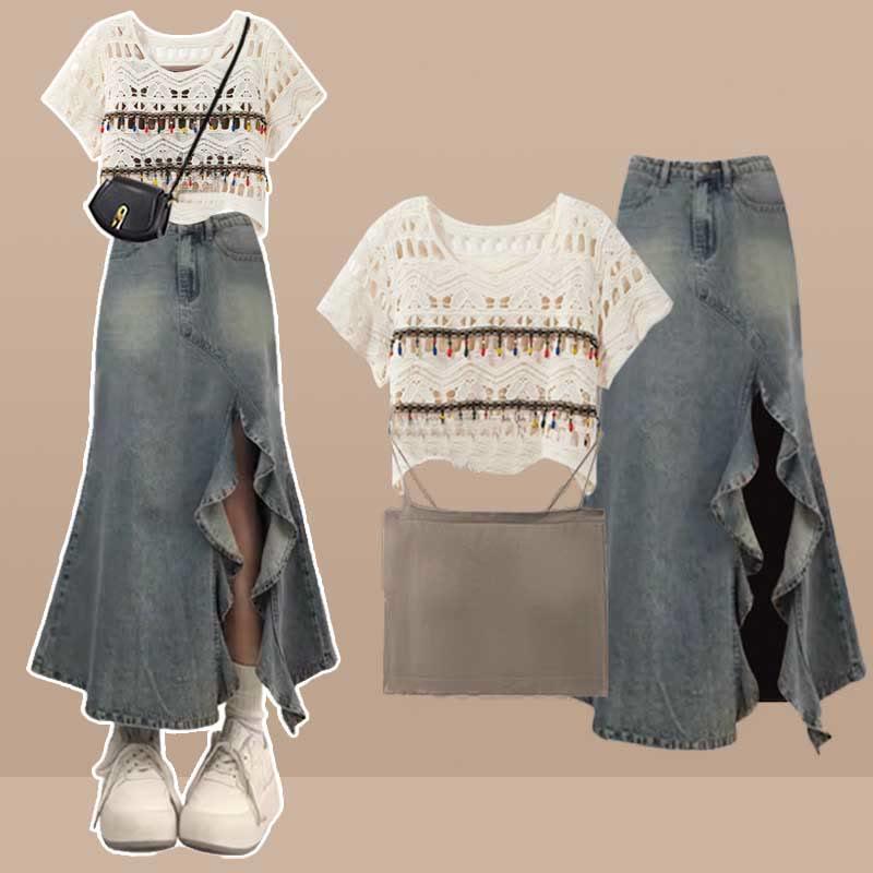 Bohemian Style Hollow Blouse Cami Top Slit Denim Skirt Three Pieces  |   Skirts Clothing Skirt