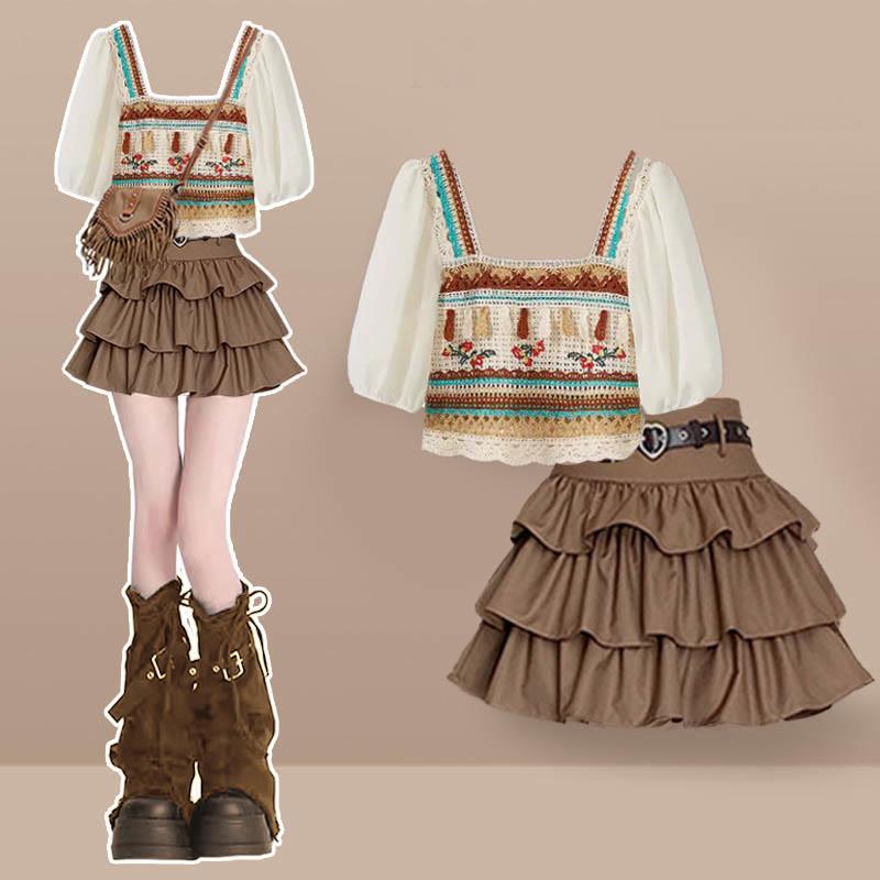 Bohemian Style Top Ruffled Puffy Skirt Two Pieces  |   Skirts Clothing Set