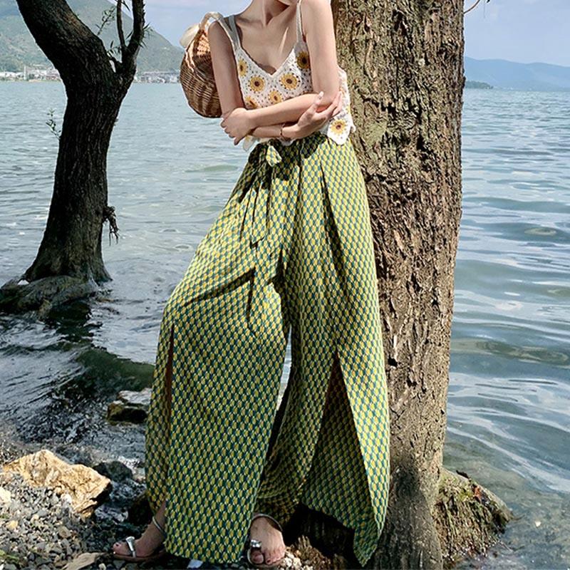 Boho Beach Hollow Cardigan Top Plaid Print Slit Wide-Leg Pants  |   Pants Clothing Cardigan