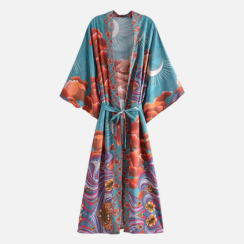 Boho Beach Moon Print Belt Robe Long Cardigan Kimono Outerwear  |   Outerwear Clothing Blue