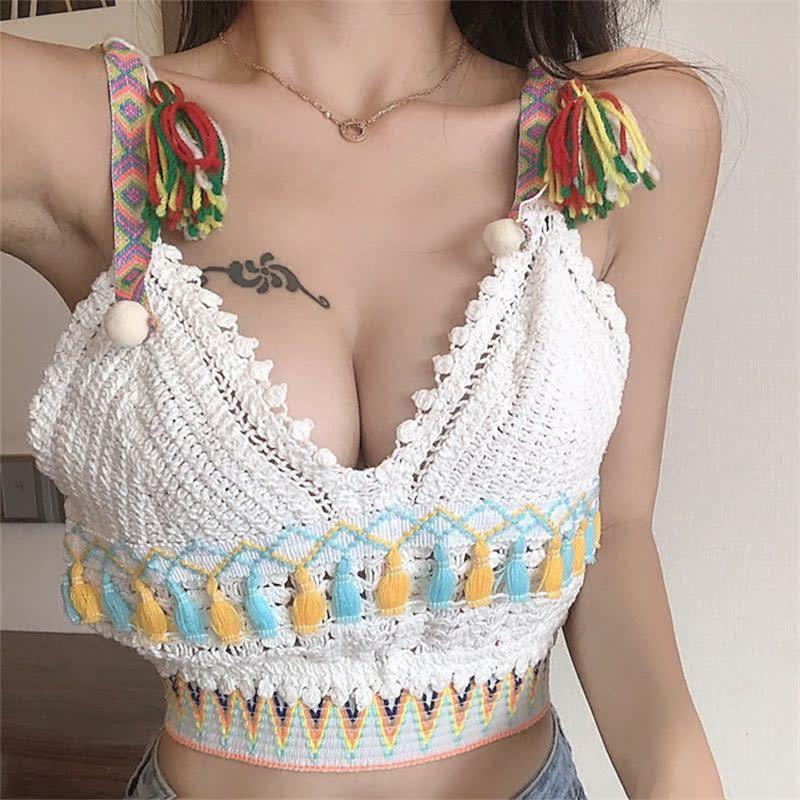 Boho Beach Sexy V-Neck Crochet Tassel Embroidery Cami Top  |   Crop Tops & Camis Clothing Apricot