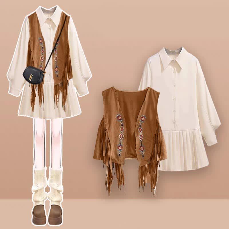 Boho Embroidery Fringed Vest Pleated Lapel Shirt Dress  |   Dresses Clothing Dress