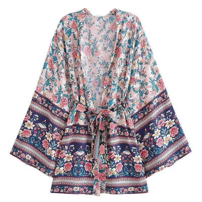 Boho Flower Print Belt Cardigan Kimono Outerwear  |   Outerwear Clothing A-Beige