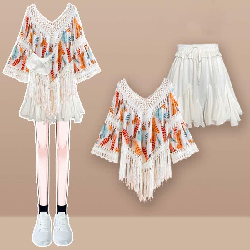 Boho Print V-Neck Fringed Hollow Out Shirt Pleated Skirt Slip Dress  |   Dresses Clothing Apricot Dress